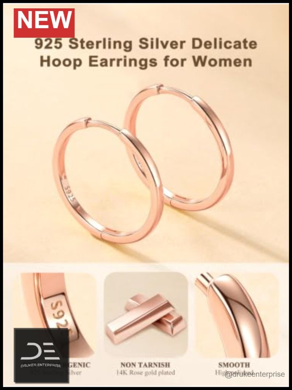 Sterling Silver Huggie Earrings with 14K Rose Gold Plated Finish Hypoallergenic - Picture 2 of 6